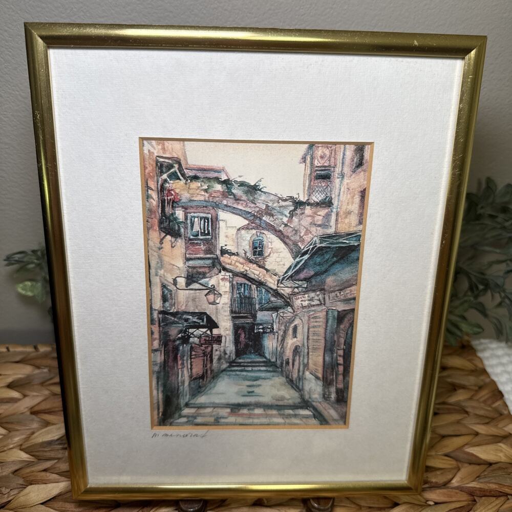 Signed Jerusalem Street Scene Print Framed Israel Menorah Gallery Art Vintage